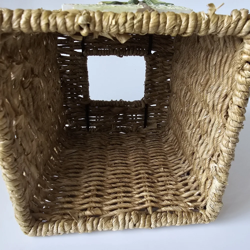 VTG Wicker Tissue Box Cover Holder Green Porcelain Tree Detail Boho Home…